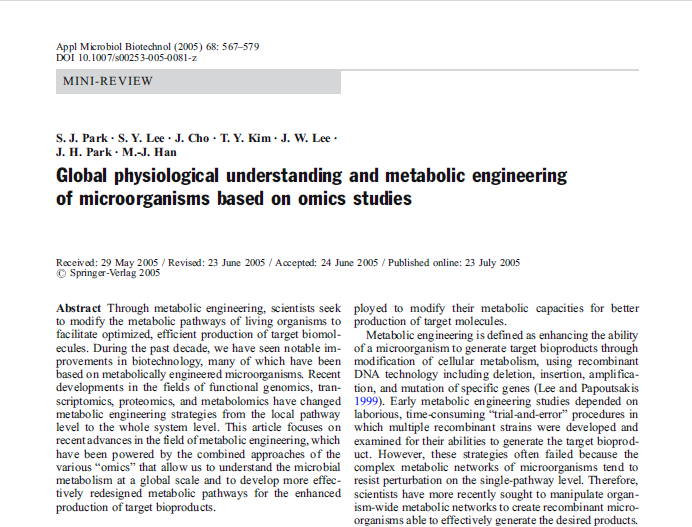 Global physiological understanding and metabolic engineering of microorganisms based on omics studies (Applied Microbiology and Biotechnology, 2005)