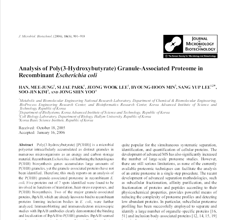 Analysis of poly(3-hydroxybutyrate) granule-associated proteome in recombinant Escherichia coli (Journal of Microbiology and Biotechnology, 2006)