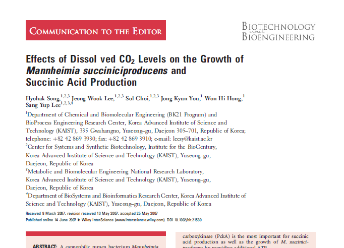 Effects of dissolved CO2 levels on the growth of Mannheimia succiniciproducens and succinic acid production (Biotechnology and Bioengineering, 2007)