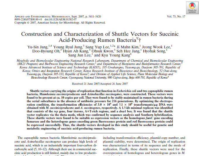Construction and Characterization of Shuttle Vectors for Succinic Acid-Producing Rumen Bacteria (Applied and Environmental Microbiology, 2007)