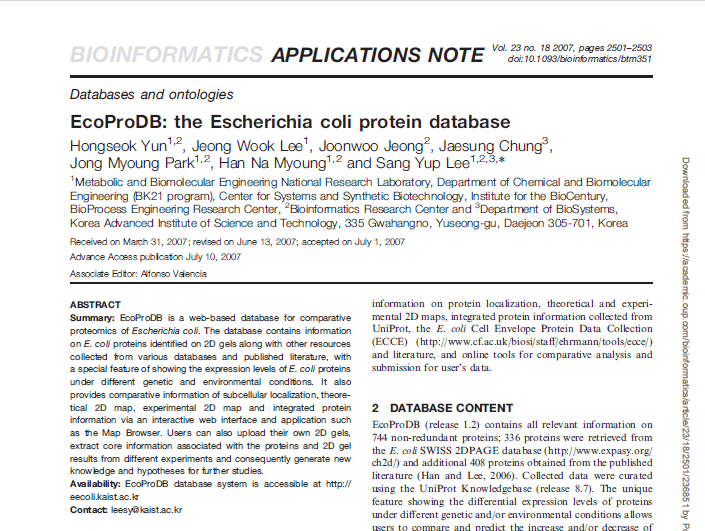 EcoProDB: the Escherichia coli protein database (Bioinformatics, 2007) (JCR 10%)