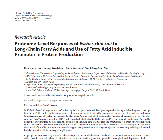 Proteome-Level Responses of Escherichia coli to Long-Chain Fatty Acids and Use of Fatty Acid Inducible Promoter in Protein Production (Journal of Biomedicine and Biotechnology , 2008)