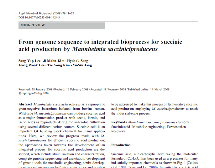 From genome sequence to integrated bioprocess for succinic acid production by Mannheimia succiniciproducens (Applied Microbiology and Biotechnology, 2008)