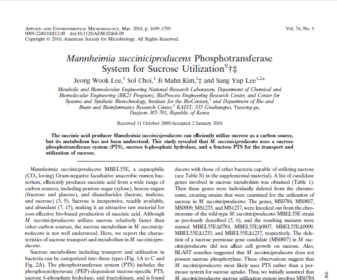 Mannheimia succiniciproducens phosphotransferase system for sucrose utilization  (Applied and Environmental Microbiology, 2010))