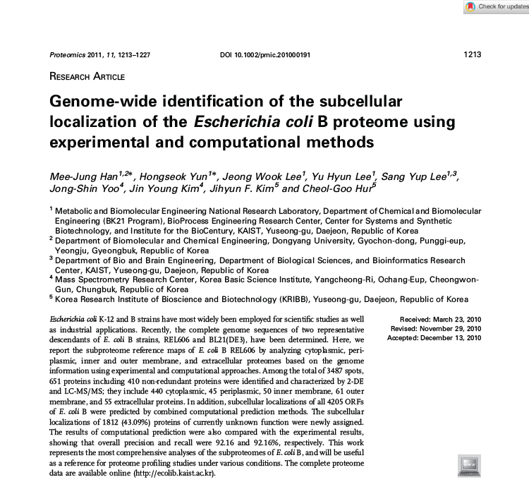 Genome-wide identification of the subcellular localization of the Escherichia coli B proteome using experimental and computational methods (Proteomics, 2011)
