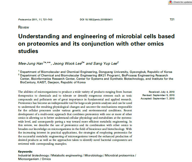 Understanding and engineering microbial cells based on proteomics and its combined analyses (Proteomics, 2011)