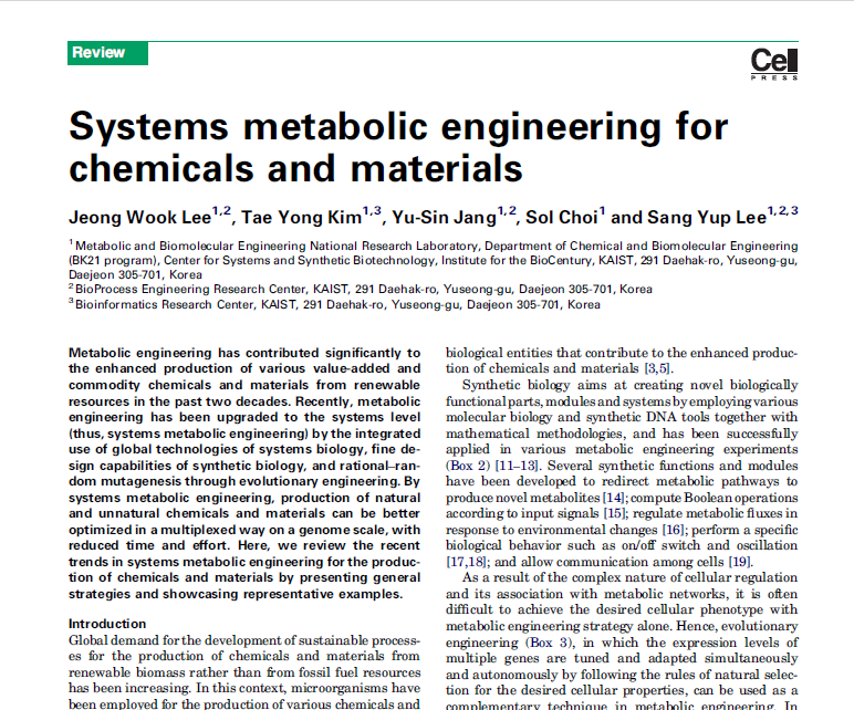 Systems metabolic engineering for chemicals and materials (Trends in Biotechnology, 2011) (JCR 2%)