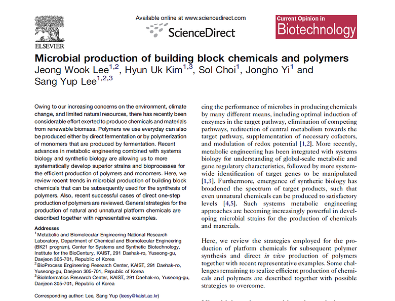 Microbial production of building block chemicals and polymers (Current Opinion in Biotechnology, 2011) (JCR 5%)