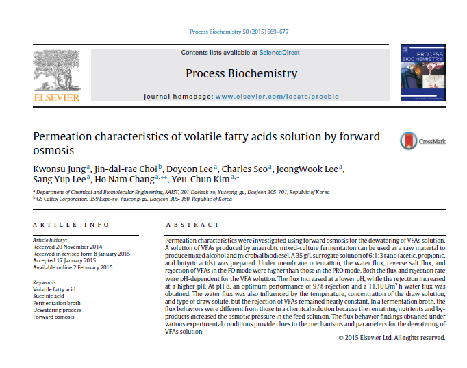 Permeation characteristics of volatile fatty acids solution by forward osmosis (Process Biochemistry, 2015)