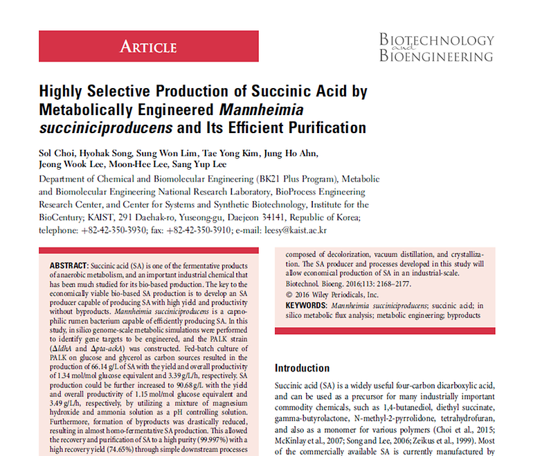 Highly selective production of succinic acid by metabolically engineered Mannheimia succiniciproducensand its efficient purification (Biotechnology and Bioengineering, 2016)