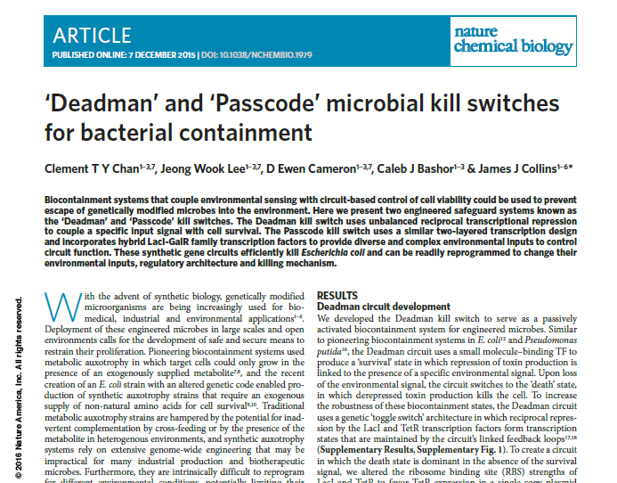 Deadman and Passcode microbial kill switches for bacterial containment (Nature Chemical Biology, 2016) (JCR 5%)