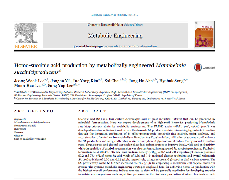 Homo-succinic acid production by metabolically engineered Mannheimia succiniciproducens (Metabolic Engineering,  2016) (JCR 10%)