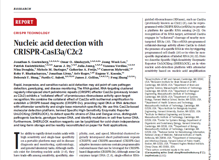 Nucleic acid detection with CRISPR-Cas13a/C2c2 (Science, 2017) (JCR 2%)