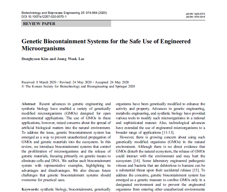 Genetic Biocontainment Systems for the Safe Use of Engineered Microorganisms (Biotechnology and Bioprocess Engineering, 2020)