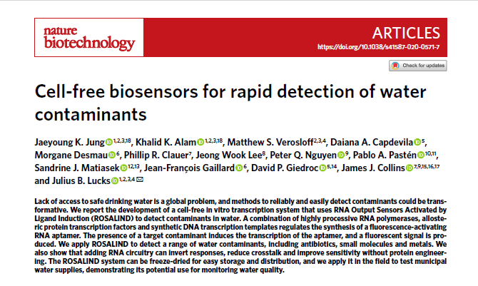 Cell-free bionsensors for rapid detection of water contaminants (Nature Biotechnology, 2020) (JCR 1%)