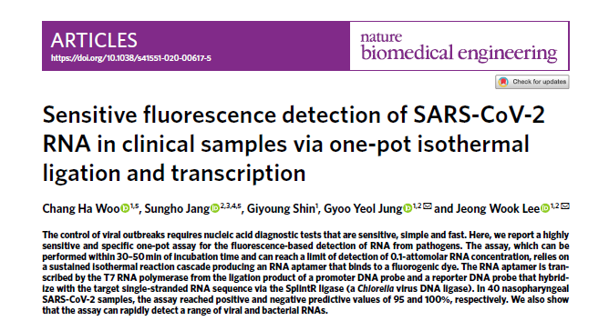 Sensitive fluorescence detection of SARS-CoV-2 RNA in clinical samples via one-pot isothermal ligation and transcription (Nature Biomedical Engineering, 2020) (JCR 2%)
