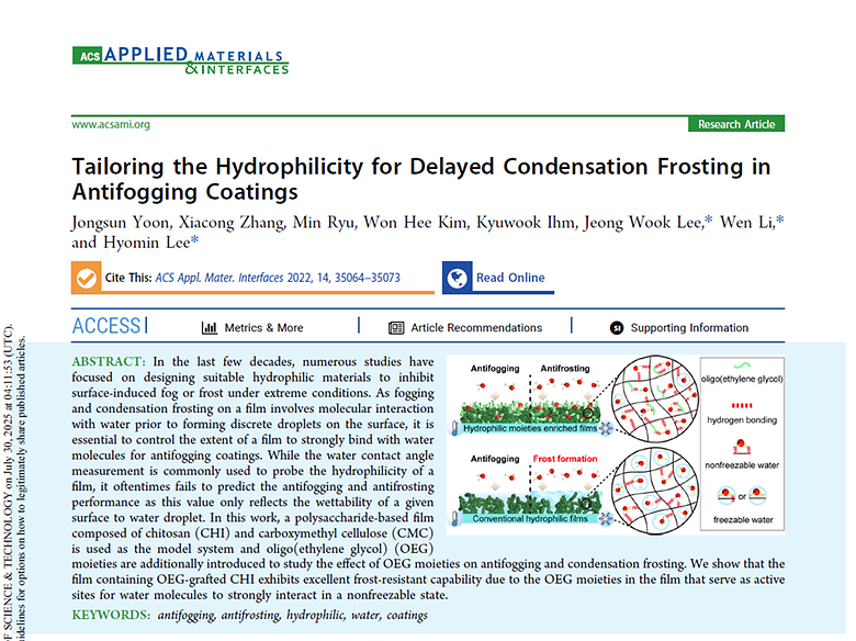 Tailoring the hydrophilicity for delayed condensation frosting in antifogging coatings (ACS Applied Materials & Interfaces, 2022)
