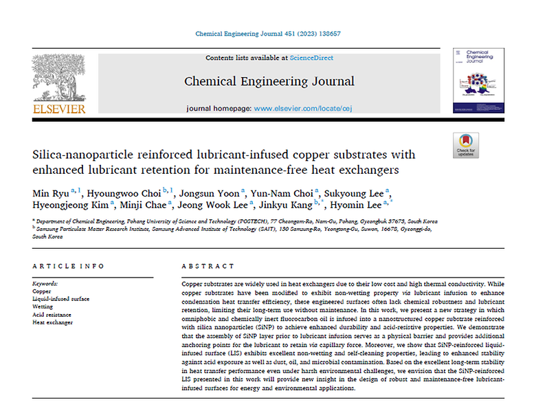 Silica-Nanoparticle Reinforced Lubricant-Infused Copper Substrates with Enhanced Lubricant Retention for Maintenance-Free Heat Exchangers (Chemical Engineering Journal, 2023)  (JCR 3%)