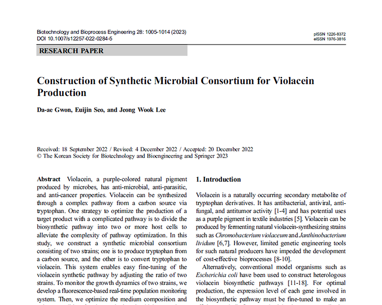 Construction of Synthetic Microbial Consortium for Violacein Production (Biotechnology and Bioprocess Engineering, 2023)
