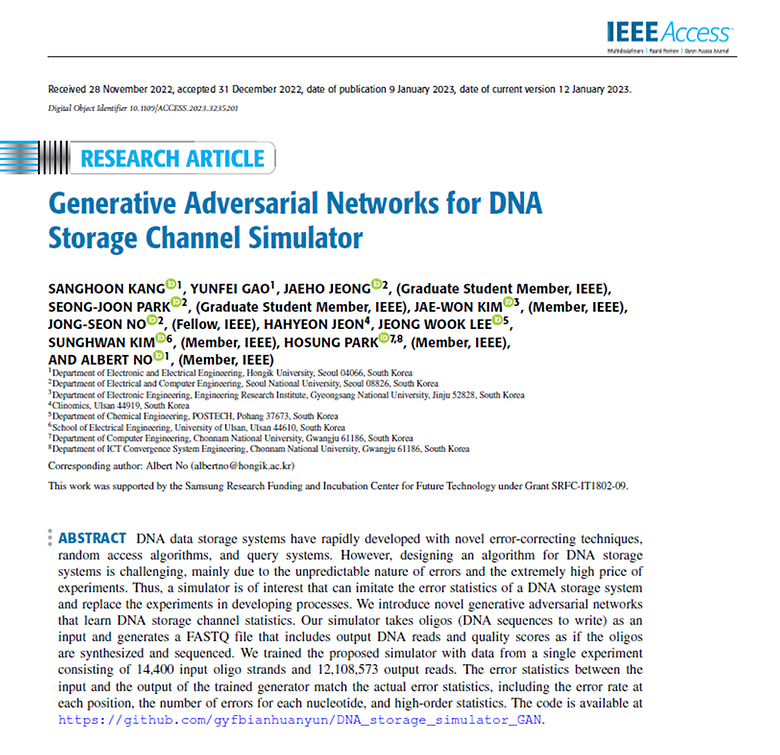Generative Adversarial Networks for DNA Storage Channel Simulator (IEEE Access, 2023)