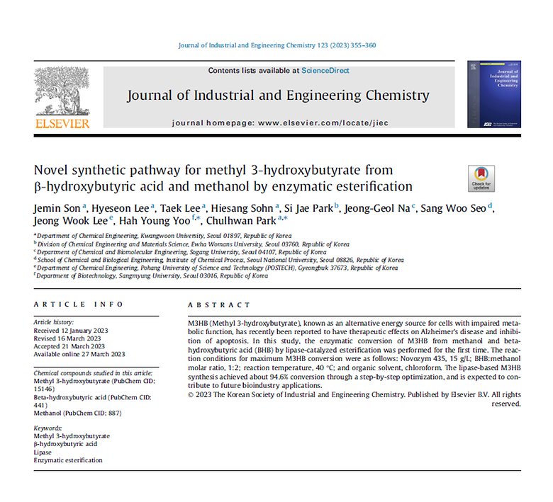 Novel synthetic pathway for methyl 3-hydroxybutyrate from β-hydroxybutyric acid and methanol by enzymatic esterification (Journal of Industrial and Engineering Chemistry, 2023)
