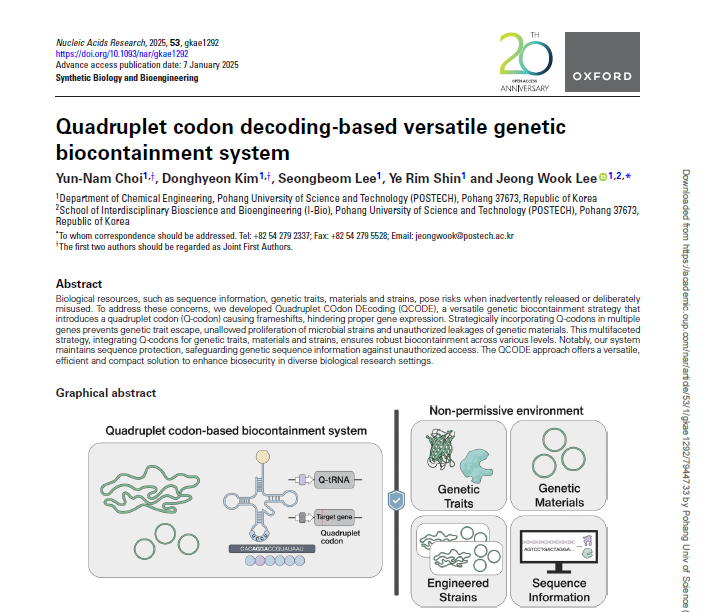 Quadruplet codon decoding-based versatile genetic biocontainment system (Nucleic Acids Research, 2025) (JCR 5%)