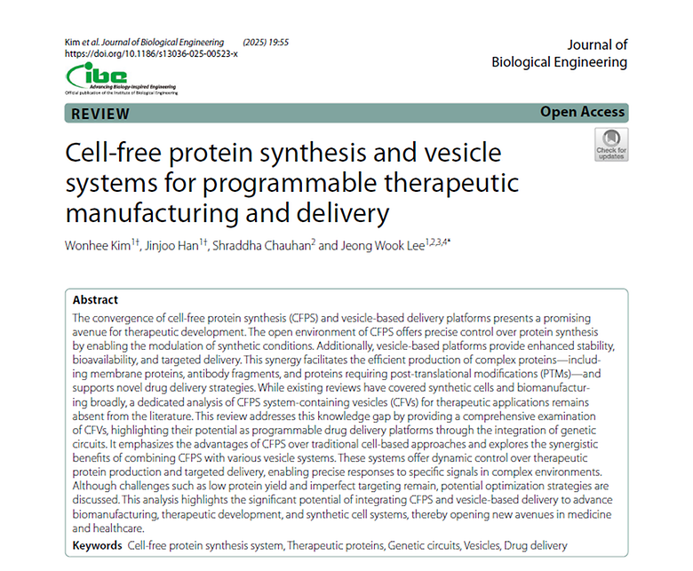 Cell-free protein synthesis and vesicle systems for programmable therapeutic manufacturing and delivery (Journal of Biological Engineering, 2025) (JCR 10%)