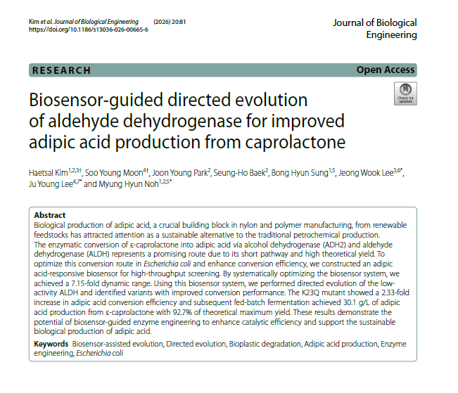 Biosensor-guided Directed Evolution of Aldehyde Dehydrogenase for Improved Adipic Acid Production from Caprolactone(Journal of Biological Engineering, 2026) (JCR 10%)